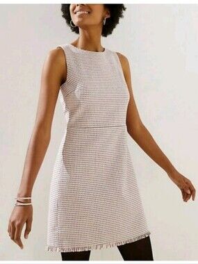 Loft Tweed Fringe Sheath Dress in Pink Black Multicolor Career 8